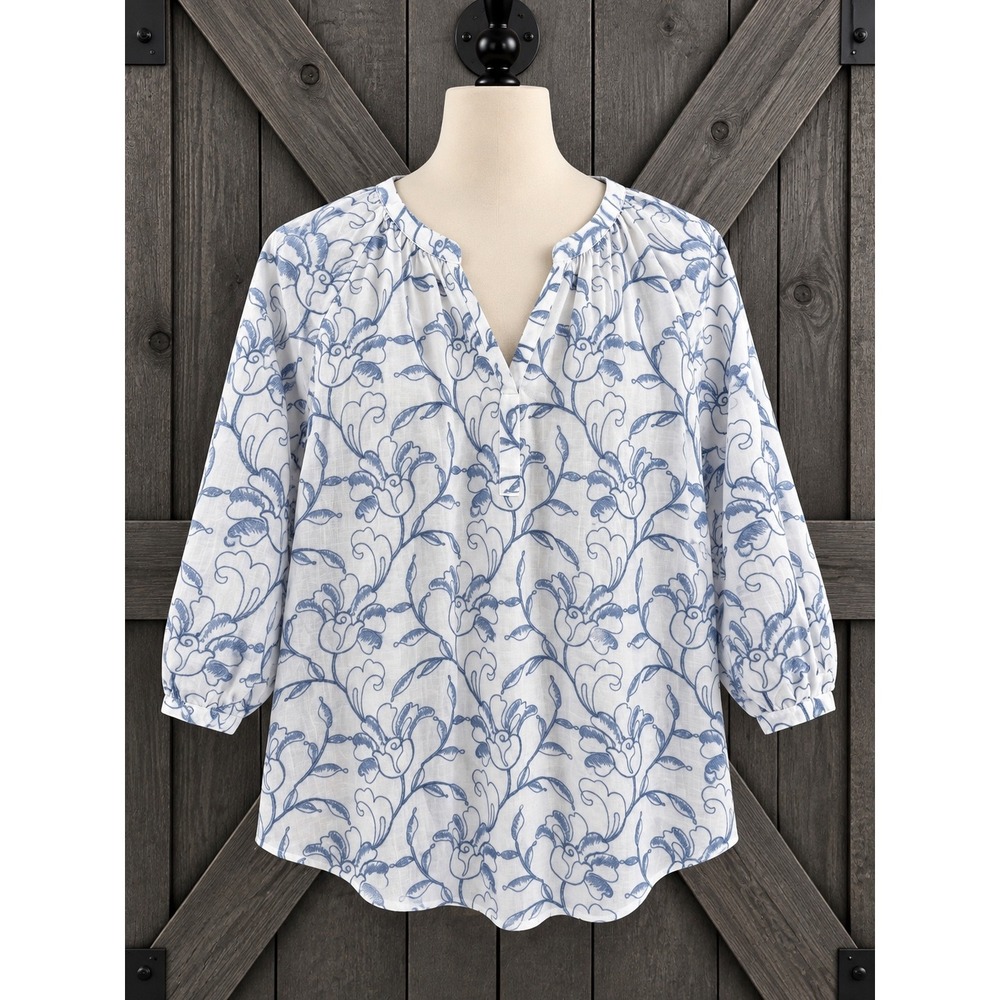 J.Jill Boho All Over Embroidered Top XL White Blue Floral 3/4 Sleeve Cotton